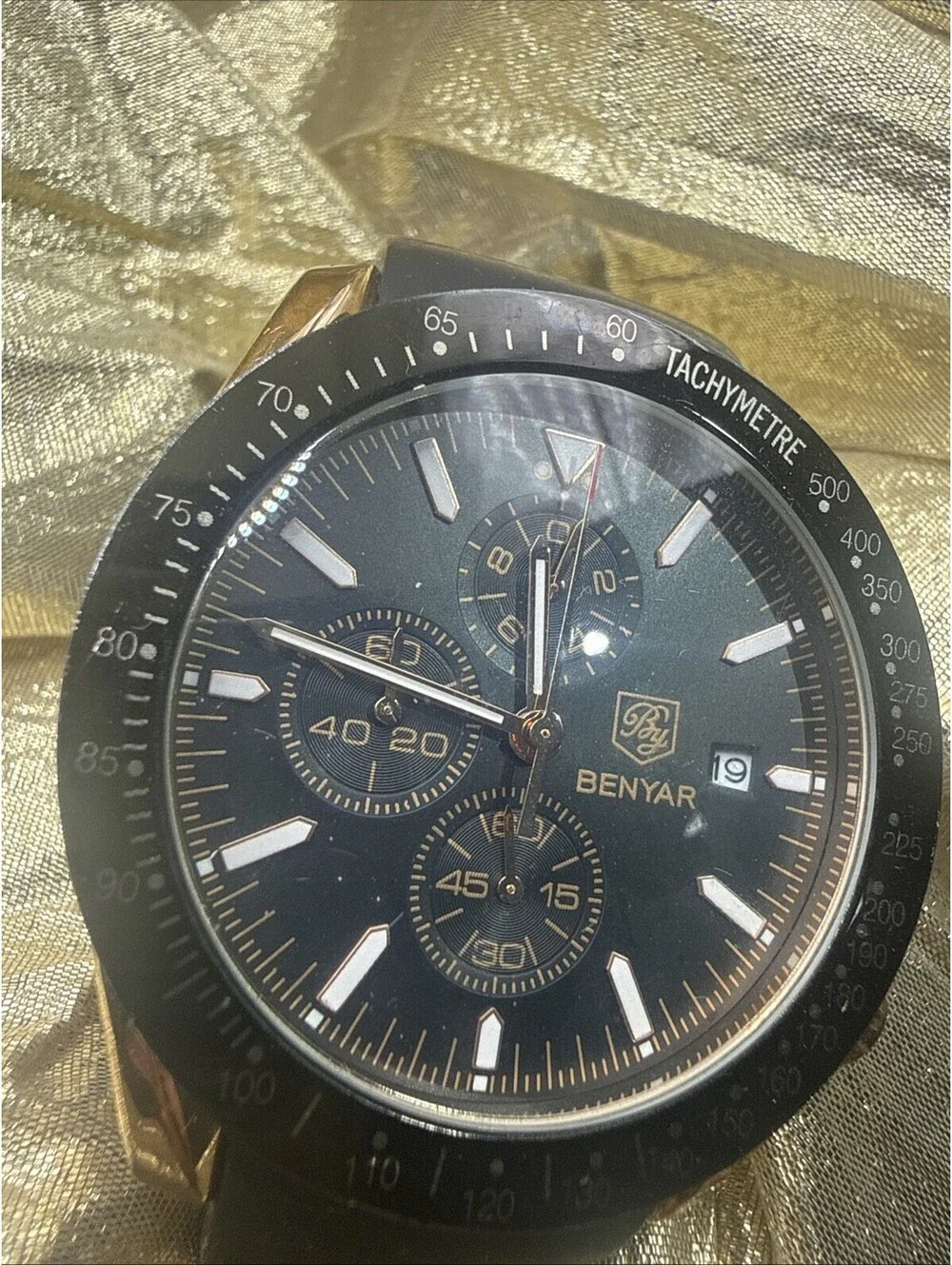 Benyar Mens Chronograph Watch Gold Black Dial Tachymeter Rubber Strap Sports